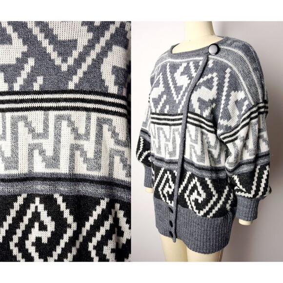 1980s Cardigan Size Large 80s Southwestern Style Sweater Asymmetrical Cardigan - Picture 2 of 10